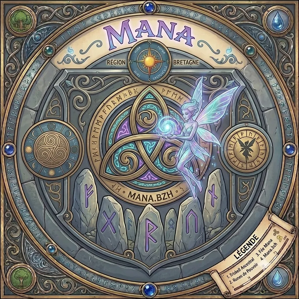 Emblème de mana.bzh — triskell ancestral, runes de pouvoir, Fée Mana