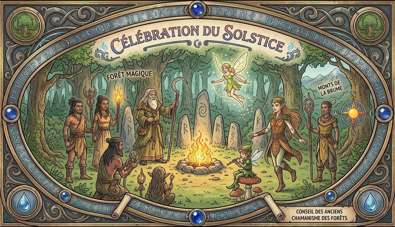 Célébration du solstice — forêt magique, druides, elfes et fée autour du feu sacré